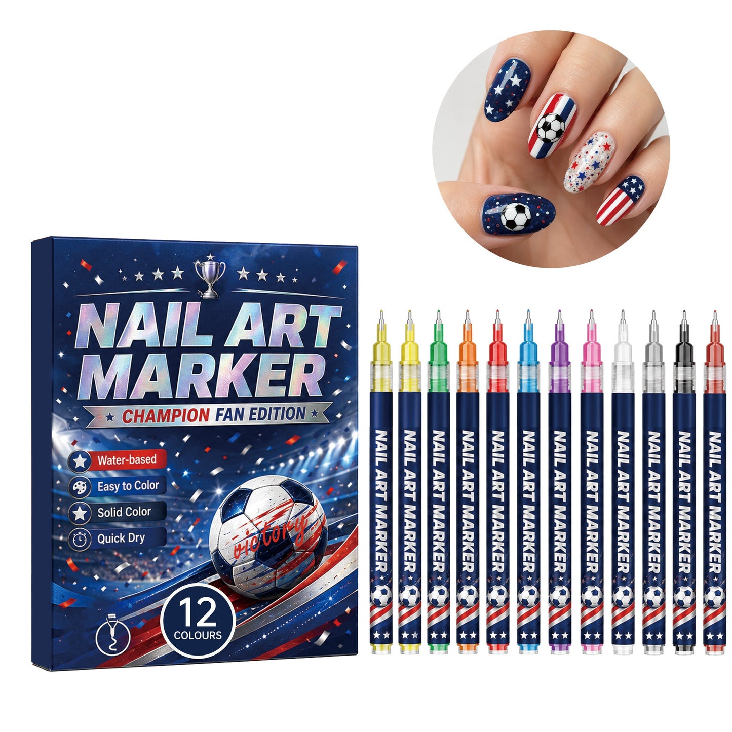 ⚽Soccer Fan Nail Art Set – 🌈12 Colors DIY Nail Design Pens for World Cup